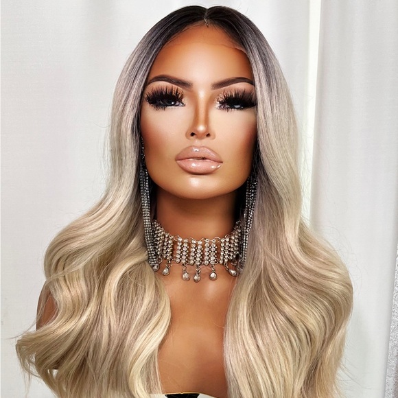 HD Transparent Lace Front Loose Curl Blonde Dark Root Ombre Long Wig - Picture 5 of 11